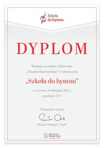 Dyplom dla przedszkola "Szkoła do Hymnu"