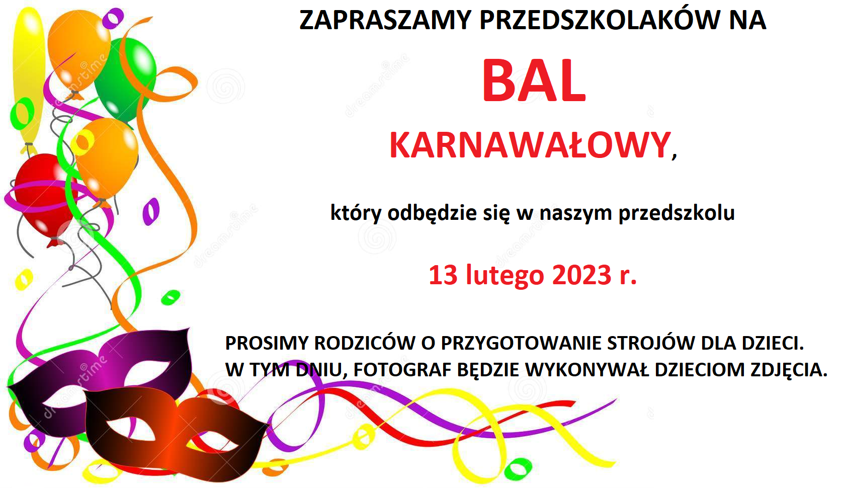Zaproszenie na Bal Karnawałowy w przedszkolu