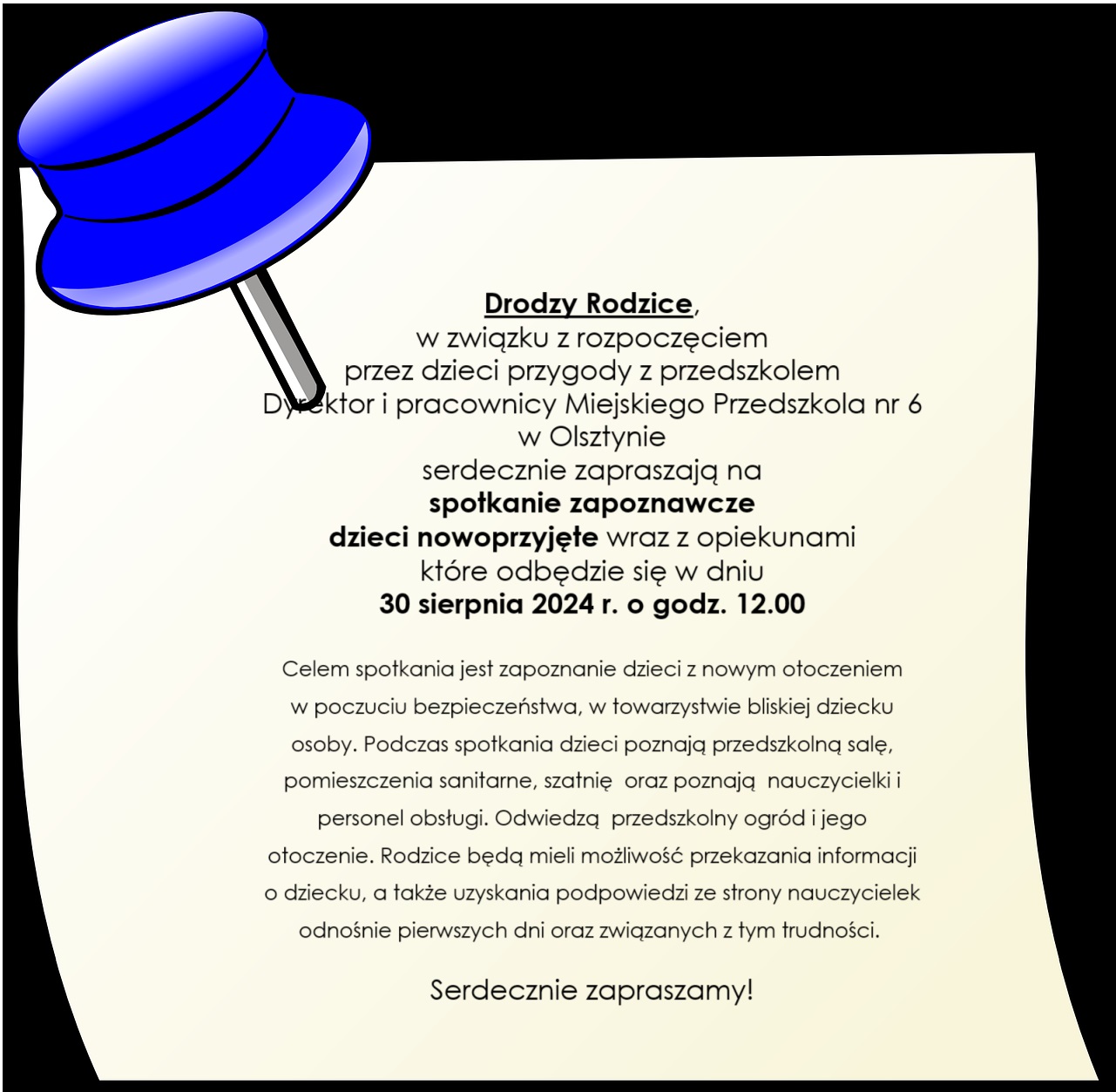 Ogłoszenie dotyczące spotkania zapoznawczego dla dzieci nowoprzyjętych do przedszkola.